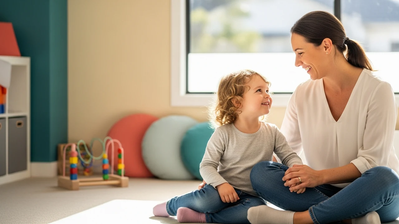 Fictional Australian family and child in a warm paediatric occupational therapy clinic setting